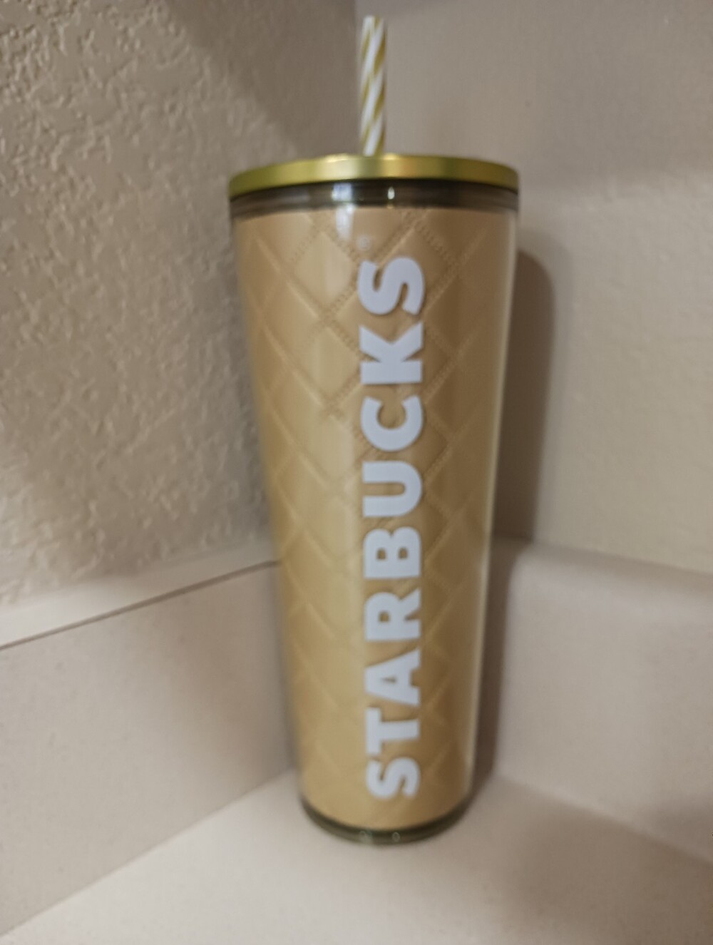 Starbucks Quilted Tan and Gold Tumbler with Striped Straw